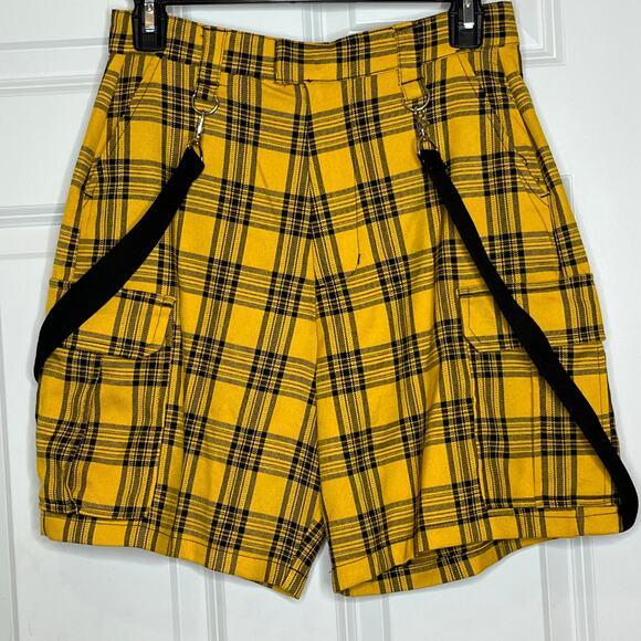 Hot Topic Yellow Black Plaid Cargo Suspender Bermuda Shorts Size Small - Picture 2 of 7